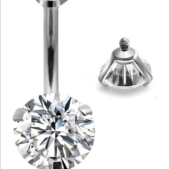 Round Cubic Zirconia Small Stone Screw Silver Belly Ring - Picture 2 of 9